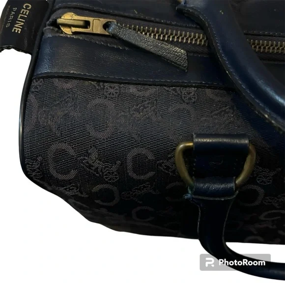 CELINE Authentic Vintage C Macadam Navy Blue Canvas Leather Trim Boston Bag Tote - Picture 13 of 17